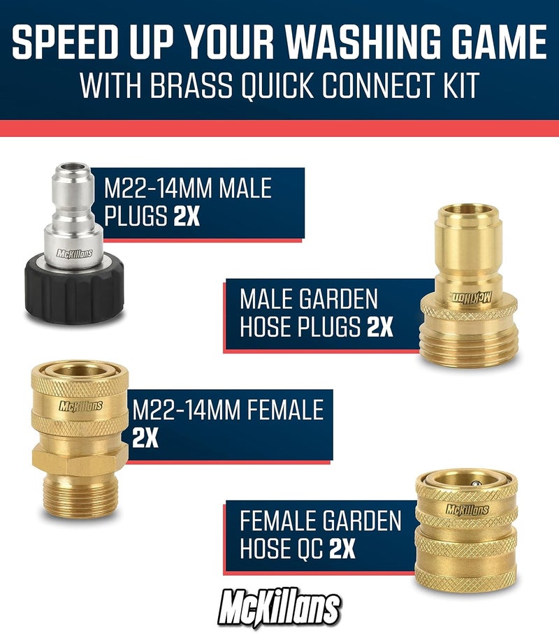McKillans ® Pressure Washer Quick Connect Kit, M22-14mm to 3/8" Male Female Quick Disconnect Kit for Power Washer (Brass) - Image 2